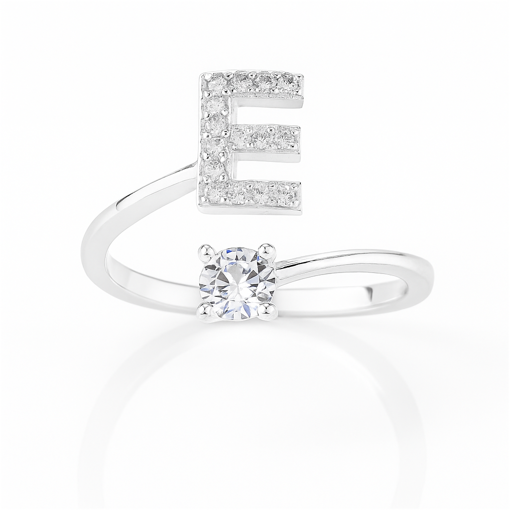 Inel reglabil din argint cu inițială – bijuterie elegantă personalizată din argint 925, mărime universală, cutie cadou inclusă. ID10