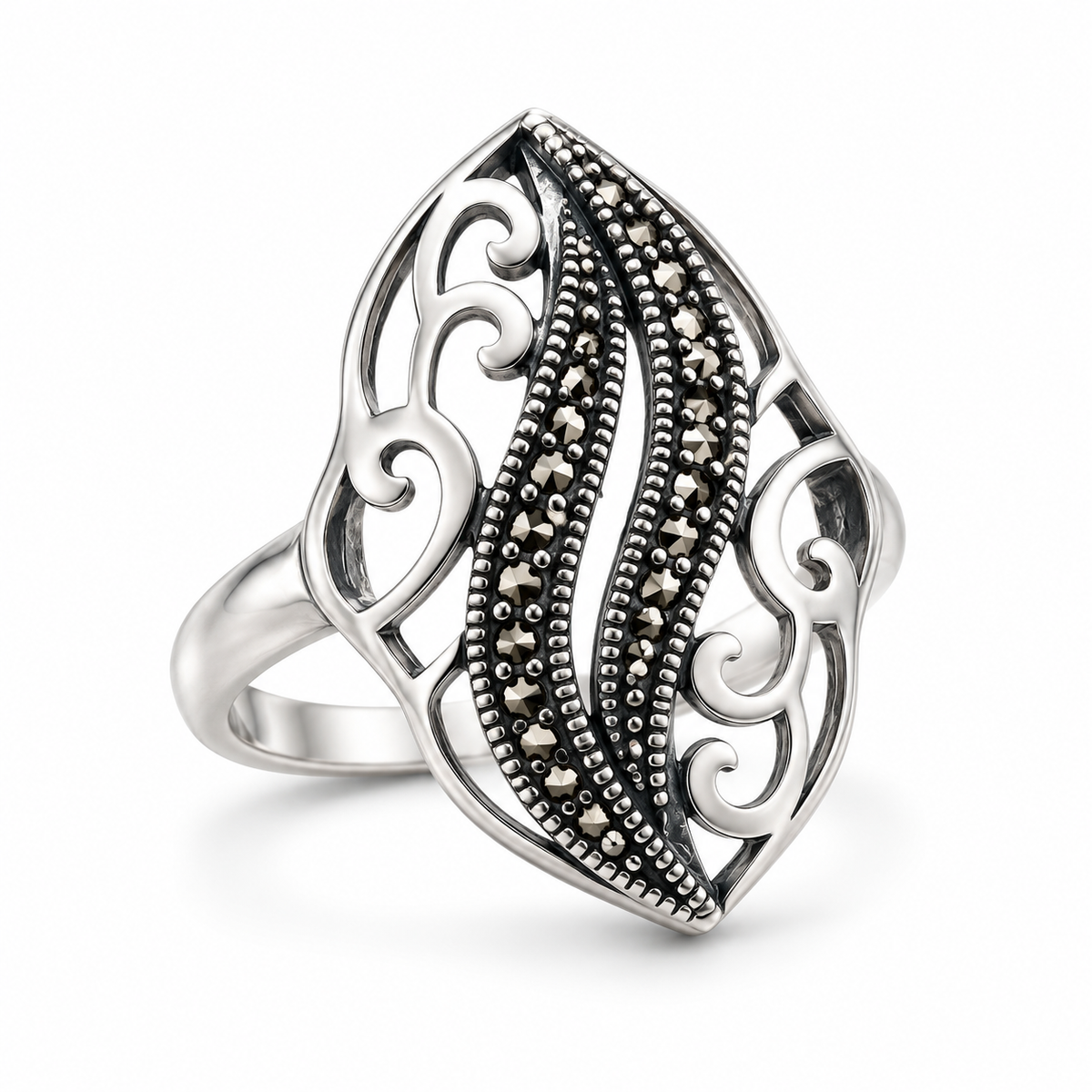 Inel din argint 925 cu marcasite „Arabescul Eleganței” – model ajurat, 25 × 18 mm. ID573