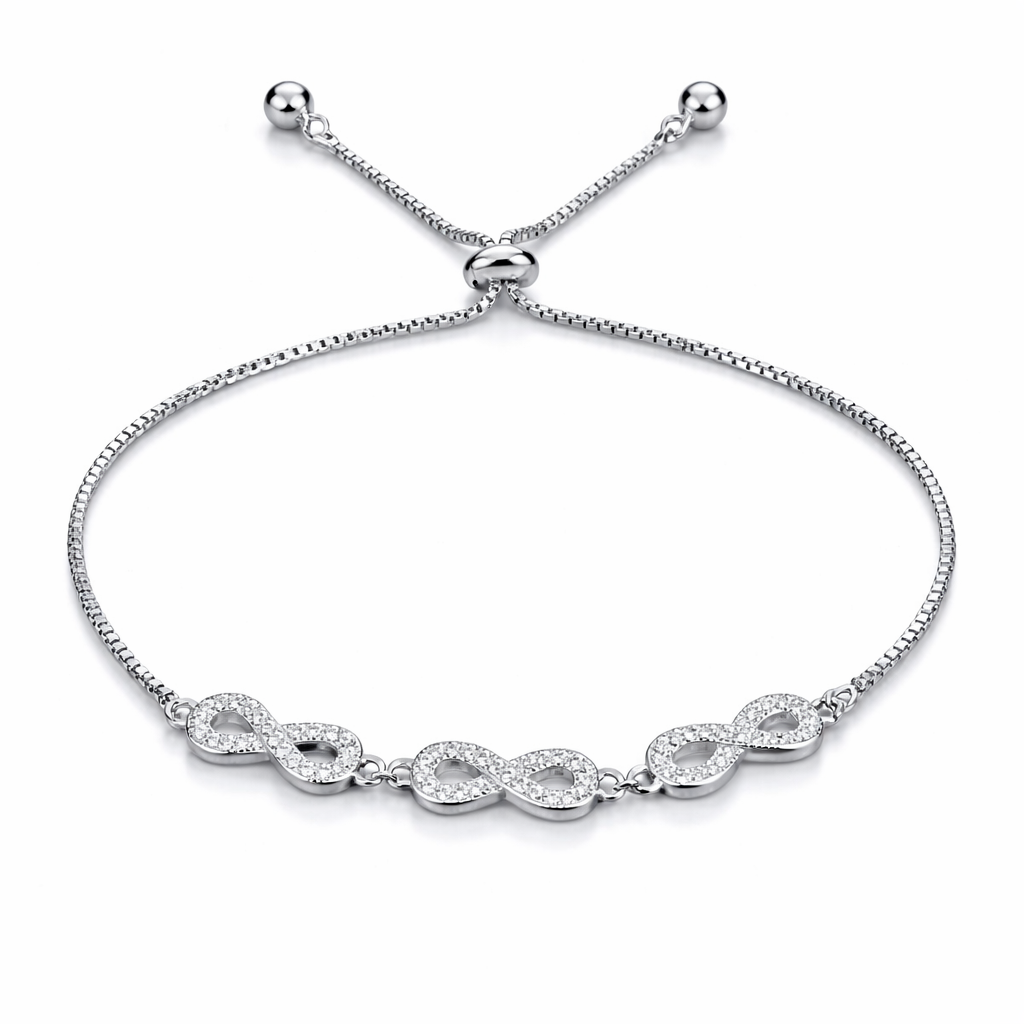 Brățară Argint 925 Rodiat cu Simboluri Infinit și Cristale – Reglabilă, Elegantă. BD389