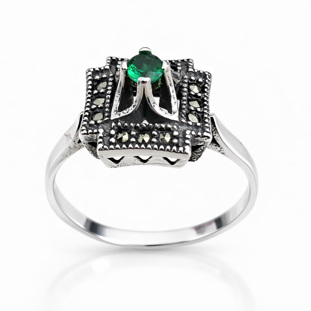 Inel Vintage din Argint 925 cu Marcasite si Cristal Verde – Bijuterie Eleganta pentru Femei, Design Rafinat. ID510
