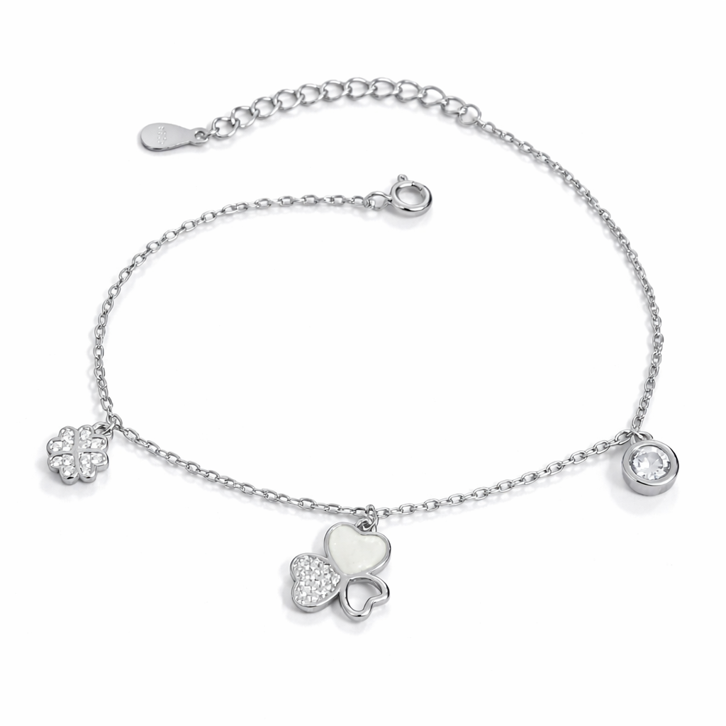 Brățară din Argint 925 Rodiat „Charm Elegance” – Trifoi 12 mm, Inimioare cu Zirconii & Sidef, Reglabilă 17+3 cm. BD418
