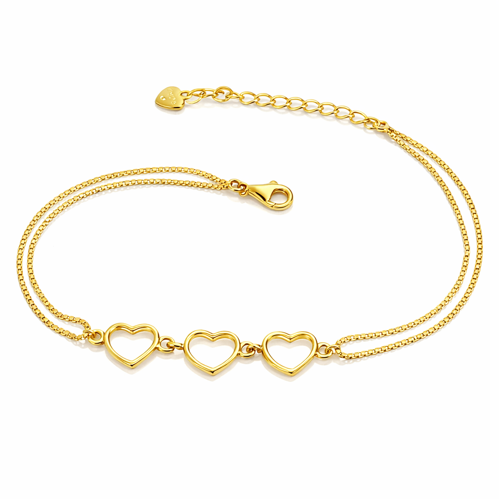 Brățară Aurită din Argint 925 „Trilogia Inimilor” – Design Elegant cu Trei Inimi. BD423