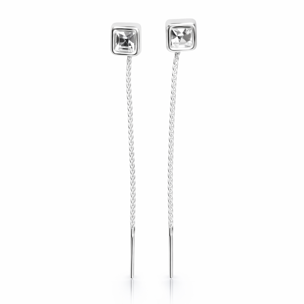 Cercei cu Lanț din Argint 925 cu Zirconiu Pătrat 6x6 mm – Cercei Lungime 7 cm, Design Elegant. CD555