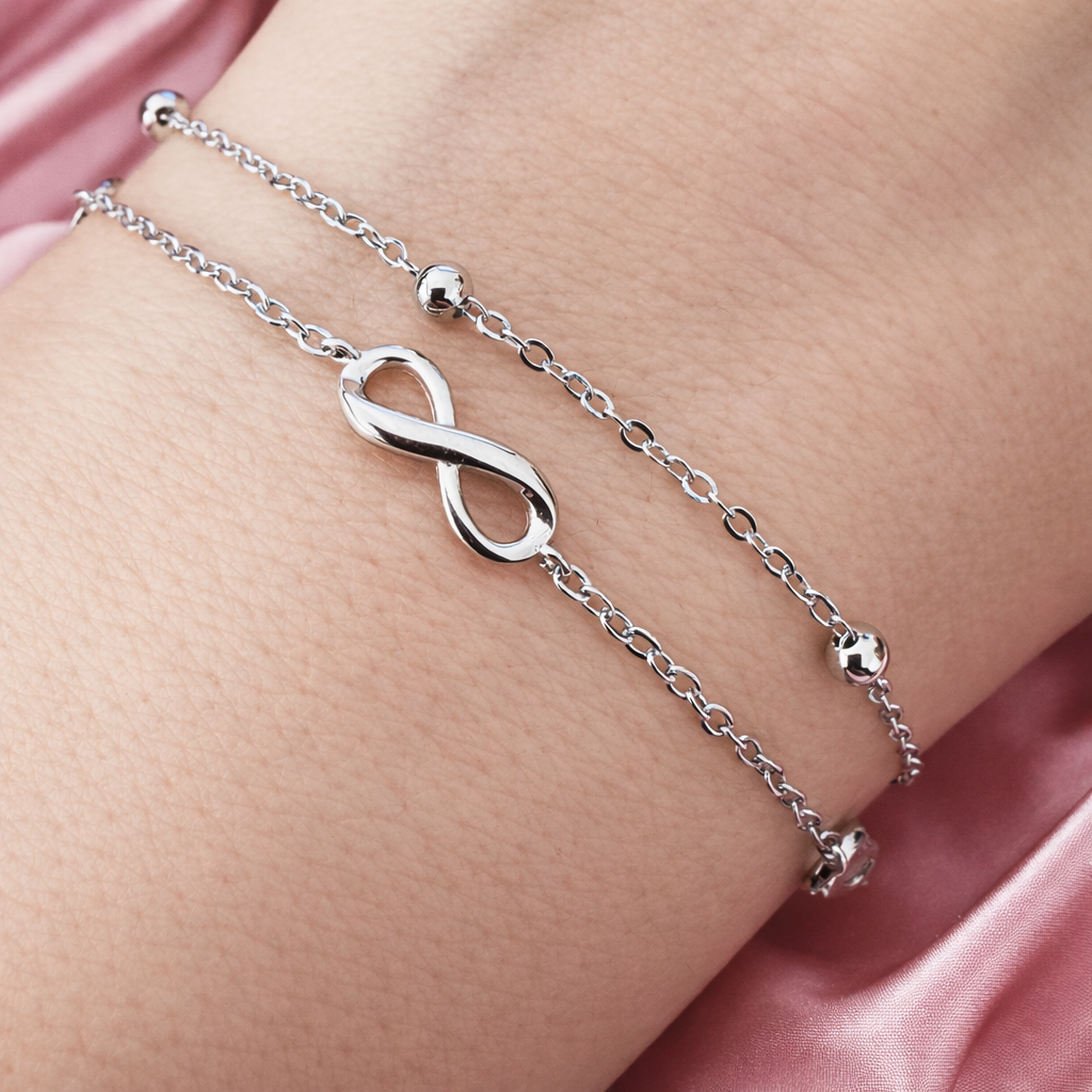 Brățară Damă Argint 925 Rodiat cu Simbol Infinit, Dublu Lanț, Lungime Ajustabilă 18+3 cm – Eleganță Modernă. BD398