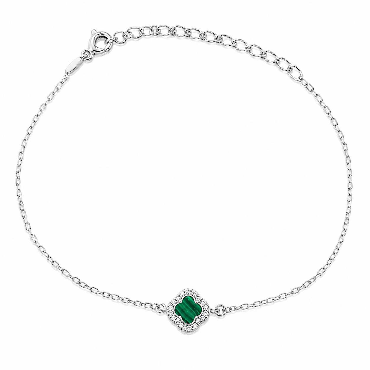 Brățară din Argint 925 Rodiat cu Malachit Verde Natural, Model Clover Luxury Tip Van Cleef, Ajustabilă 18+4 cm. BD320