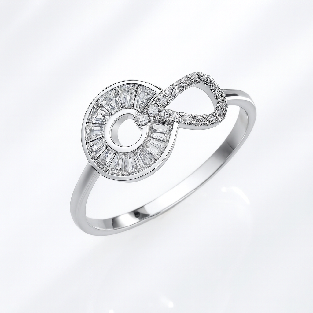 Inel elegant din argint 925 rodiat cu zirconii baguette, design circular strălucitor, fotografiat pe fundal alb  tip e-commerce, bijuterie rafinată pentru femei, 2.1 grame, ambalaj cadou inclus.