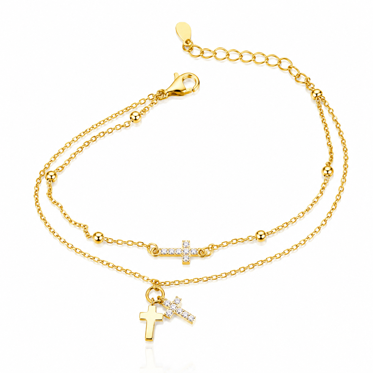 Brățară din Argint 925 Placată cu Aur 14K cu Dublu Lanț și Cruci – Elegantă, Reglabilă 17+3 cm, Zirconii Strălucitoare. BD432