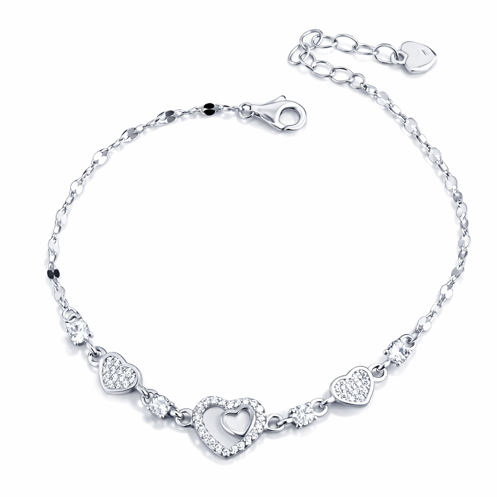 Brățară Argint 925 Rodiat cu Inimă și Sidef Alb – Brățară Elegantă cu Cristale, Lungime Ajustabilă 17+4 cm. BD417