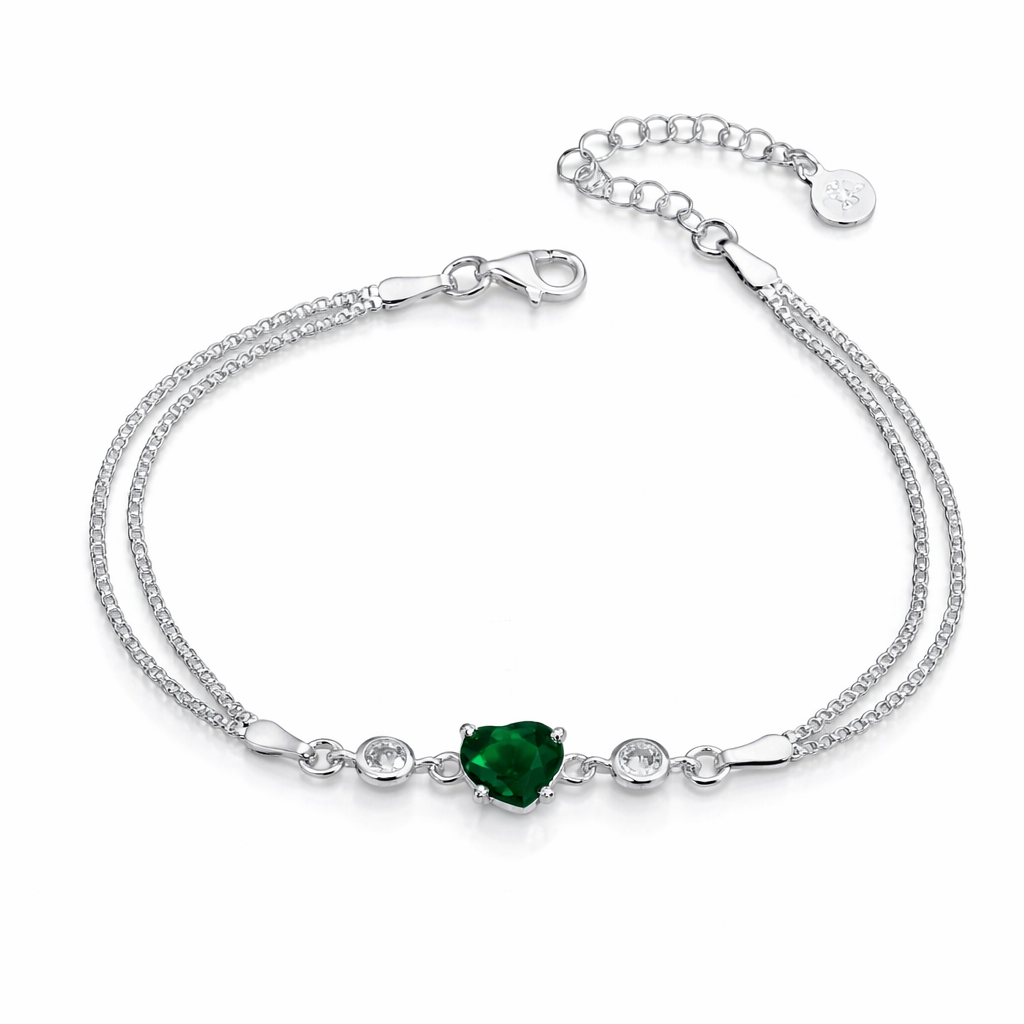 Brățară din Argint 925 cu Inimă Verde 8 mm și Zirconii – Reglabilă 17+3 cm, Model Elegant cu Lanț Dublu. BD412
