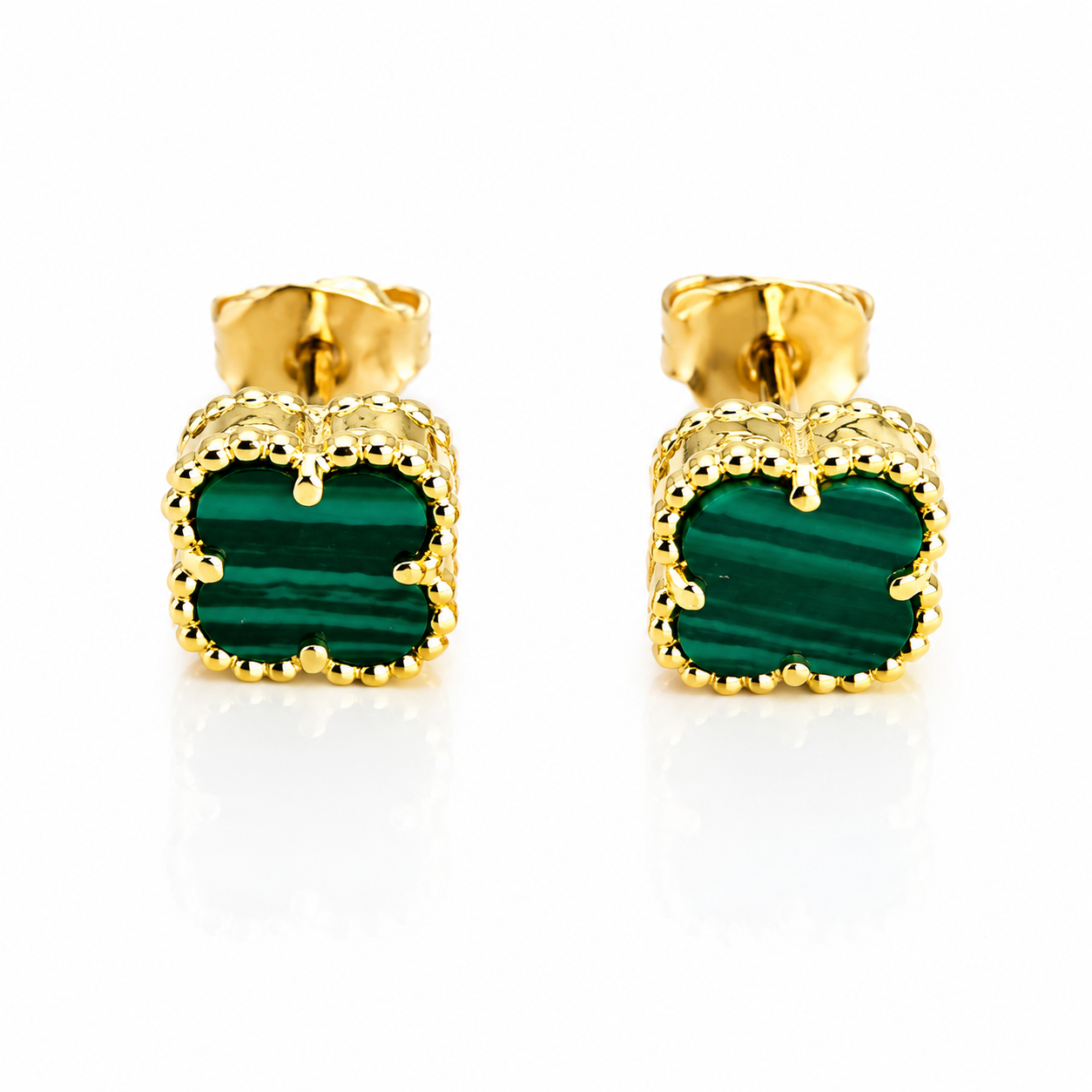 Cercei Delicate Clover din Argint 925 Placat cu Aur 14K și Malachit Verde Natural, Model Tip Van Cleef, 6 mm. C425