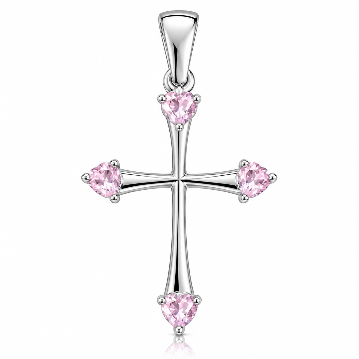 Pandantiv Cruce din Argint 925 cu 4 Inimioare Roz Pal – Simbol al Iubirii, Credinței și Protecției, 20 × 16 mm. P83