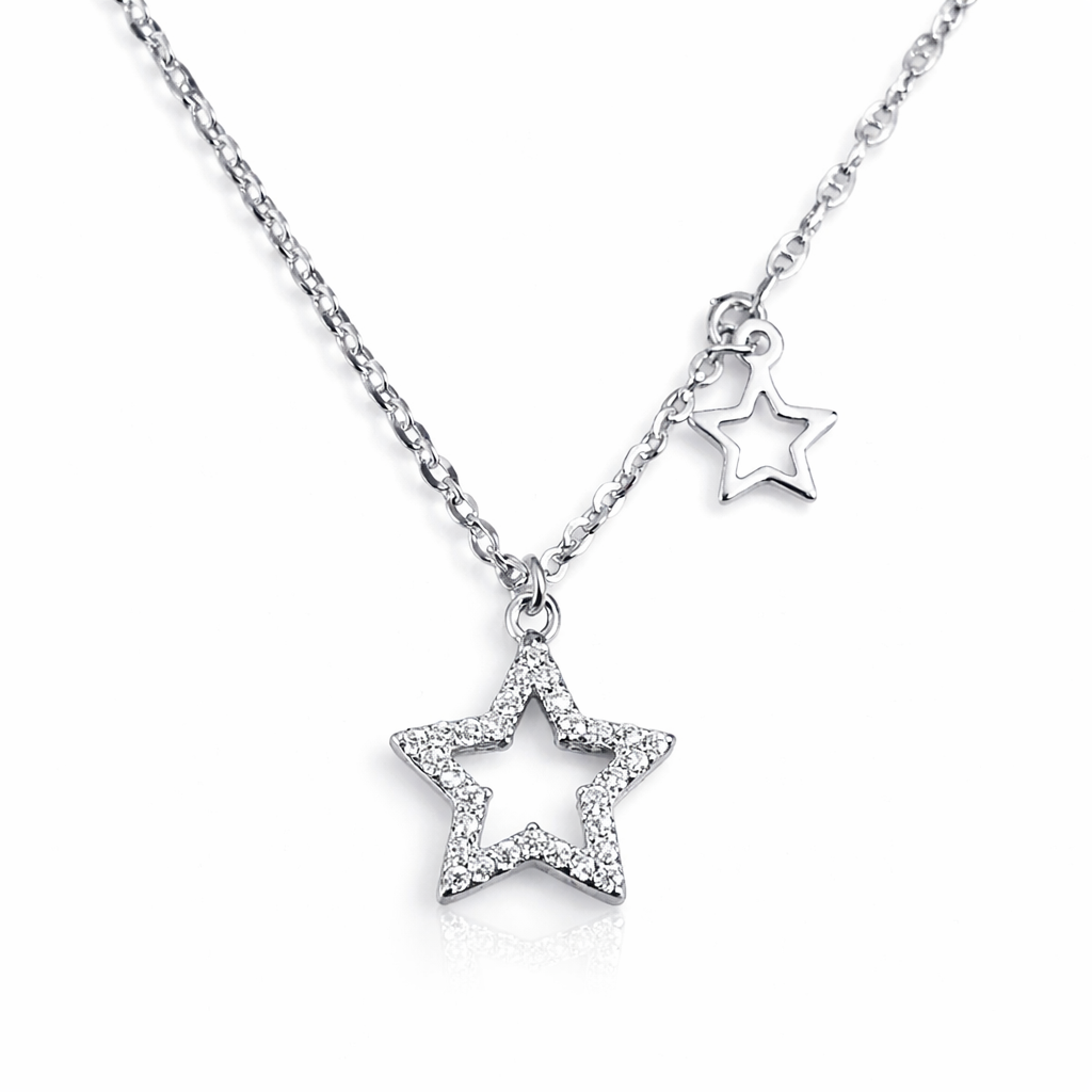 Colier Argint 925 Rodiat „Stella Duala” – Pandantiv Stea cu Zirconii Strălucitoare, Lungime Reglabilă 40+5 cm. C109