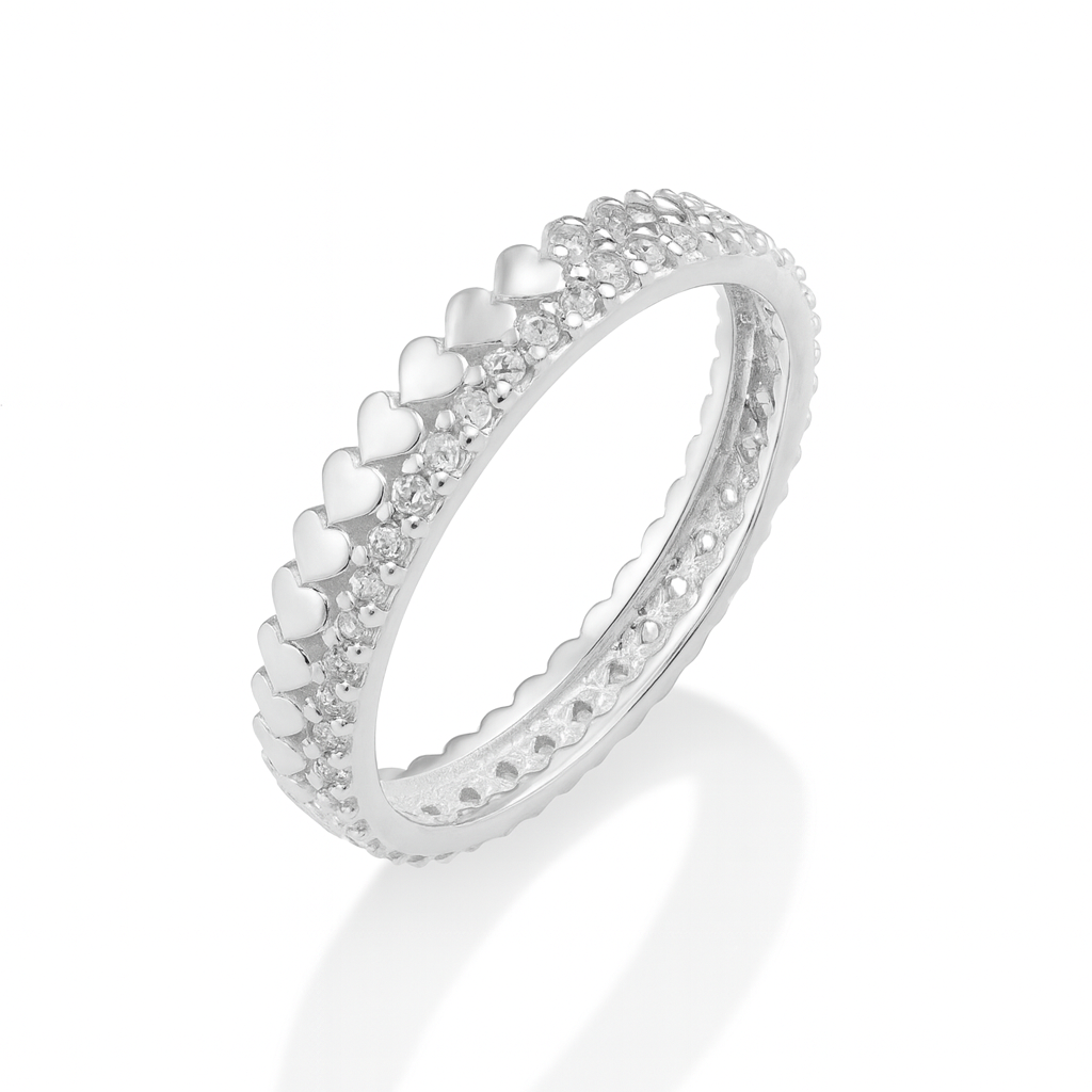 Inel din argint 925 pentru femei, model eternity cu inimi, lățime 4mm, greutate aproximativ 3.10 grame, finisaj lucios, livrat în cutie elegantă de bijuterii, marcat și verificat ANPC – simbol al iubirii eterne.