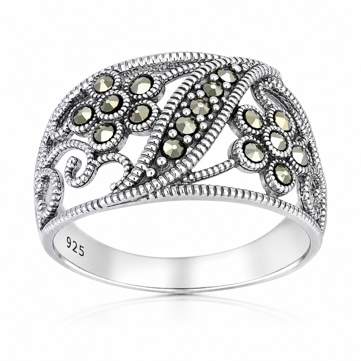 Inel din Argint 925 Rodiat „Grădina Eternă” cu Marcasite – Model Floral Vintage, 3,50 g ID570