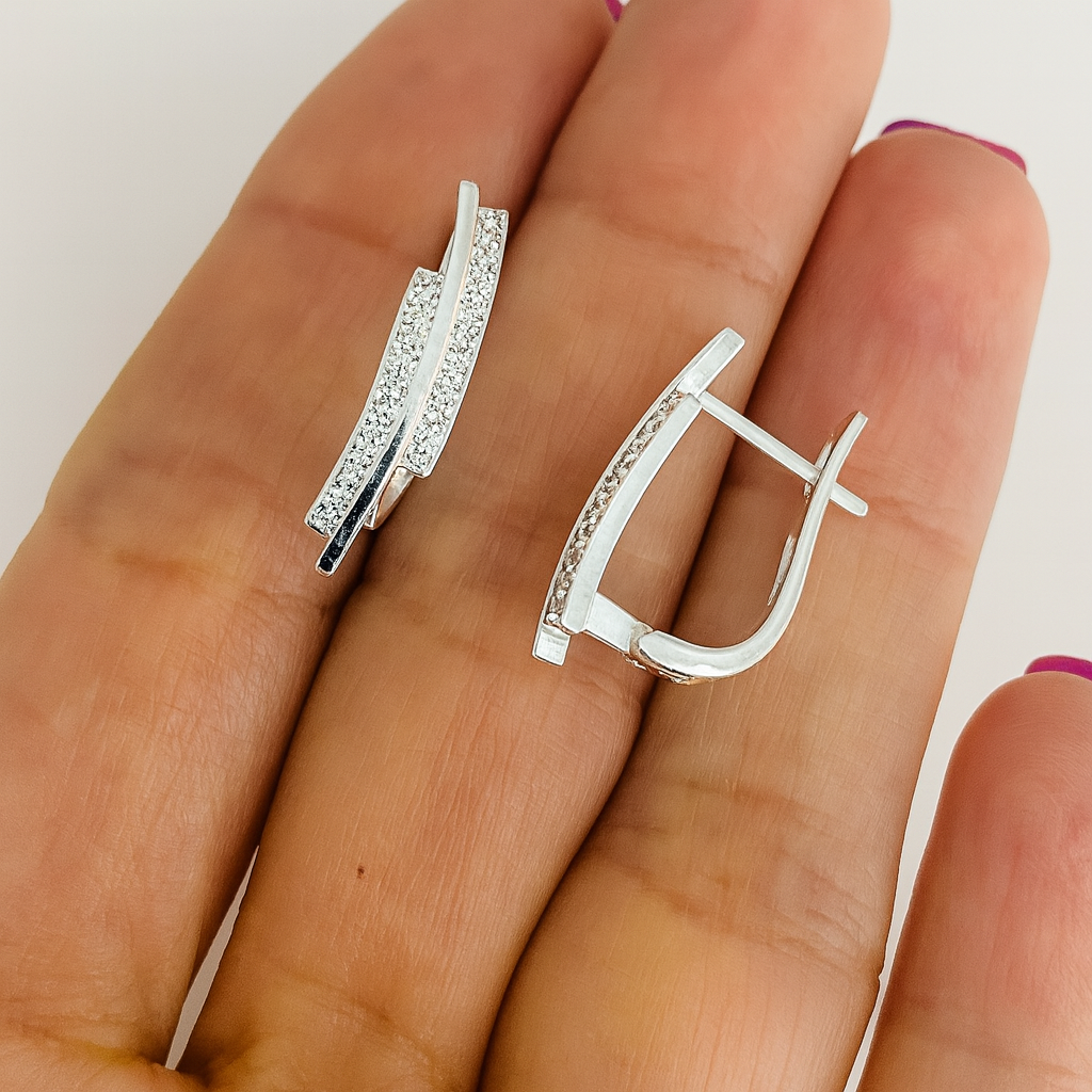 Cercei eleganți din argint 925 cu zirconiu, Design modern dublu