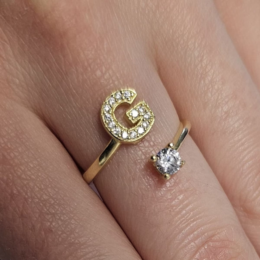 Inel reglabil cu initiala G din argint 925 suflat cu aur