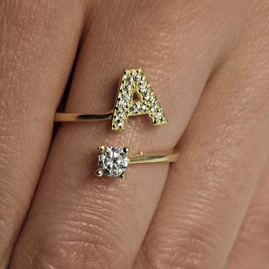 Inel reglabil cu initiala A din argint 925 suflat cu aur