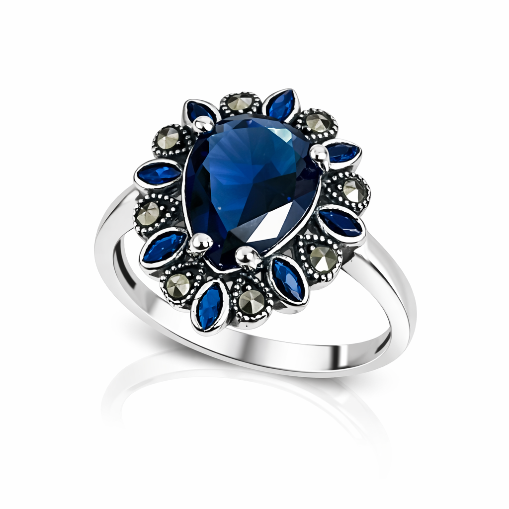 Inel din Argint 925 cu Safir Sintetic Albastru și Marcazite Naturale – Design Elegant Vintage. ID507