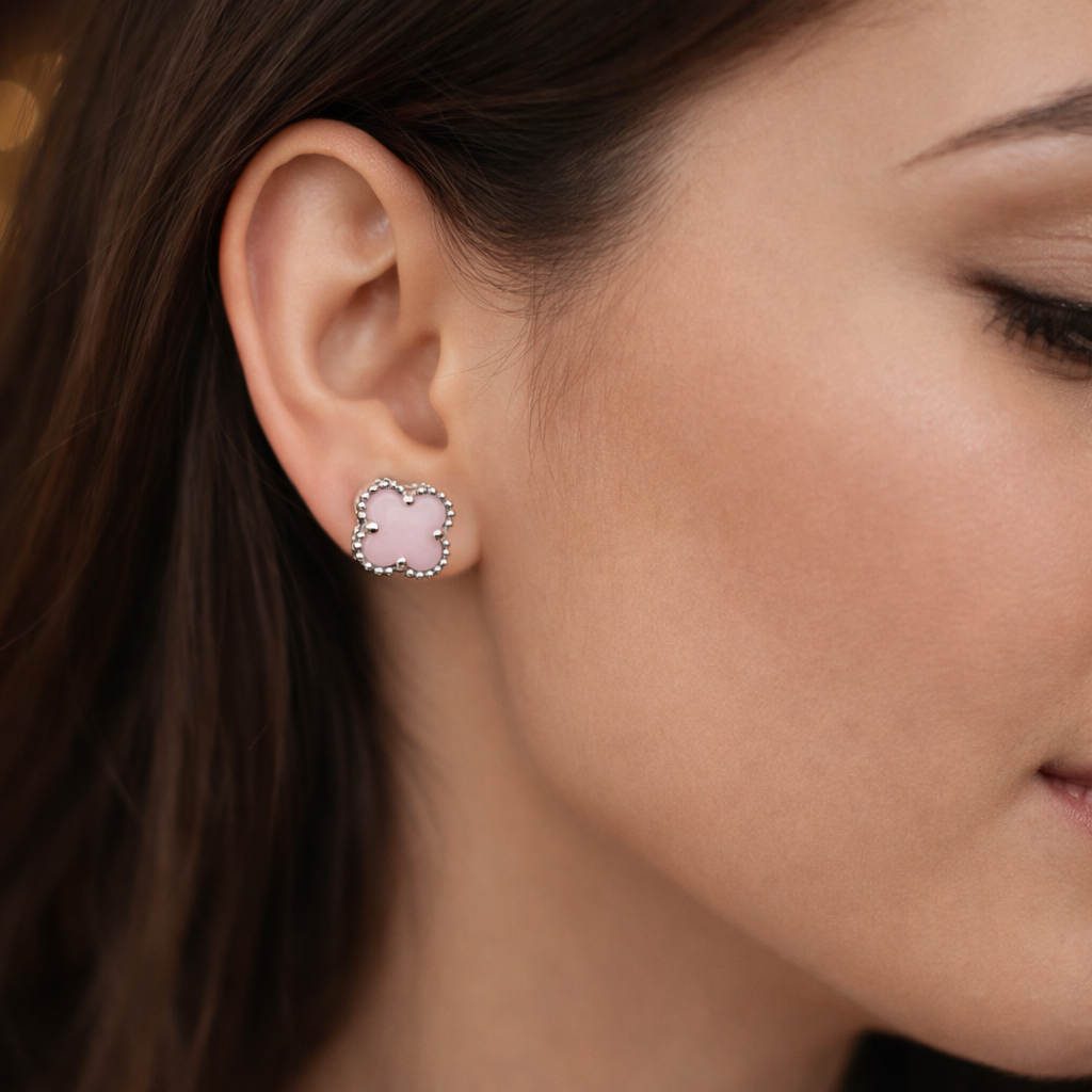 Cercei din Argint 925 cu Sidef Roz Tip Floare – Eleganță Inspirată de Stilul Van Cleef. CD339