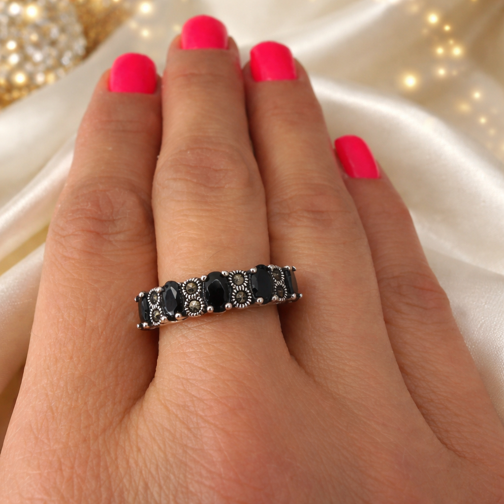 Inel Argint 925 cu Onyx Negru și Marcasite – Design Elegant Vintage, Lățime 5 mm, Cadou Premium Femei | InfinityBijoux România. ID499