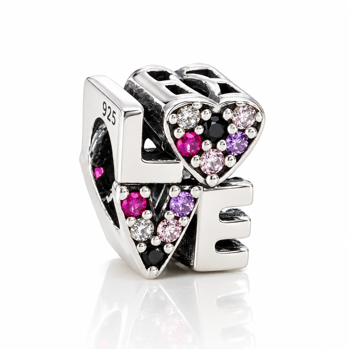 Charm LOVE din Argint 925 cu Inimă și Pietre Multicolore – Simbolul Iubirii, 1 cm. T203