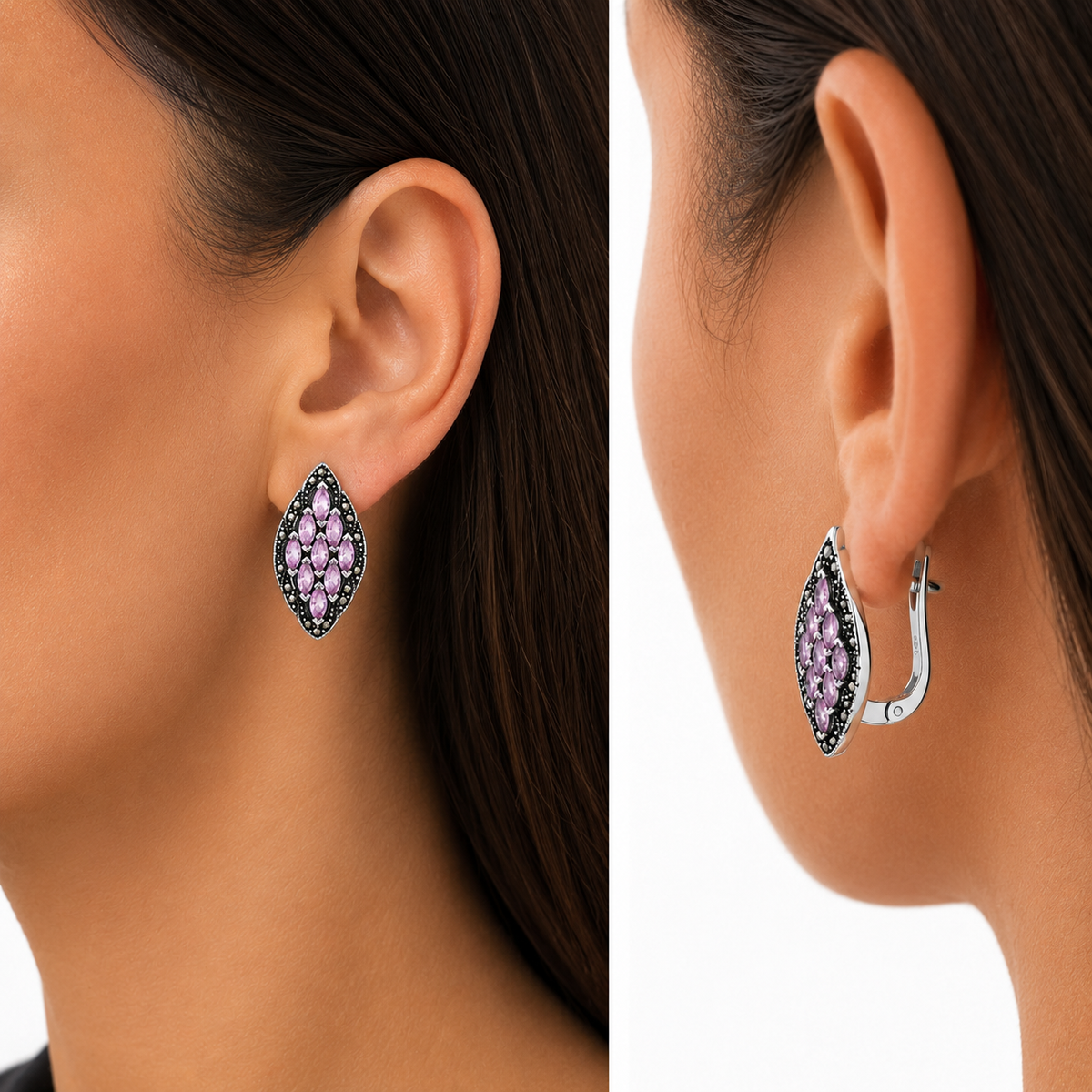 Cercei „Amethyst Royal” din Argint 925 cu Pietre Roz-Lila și Marcasite – Eleganță Vintage în Formă de Frunză. CD662