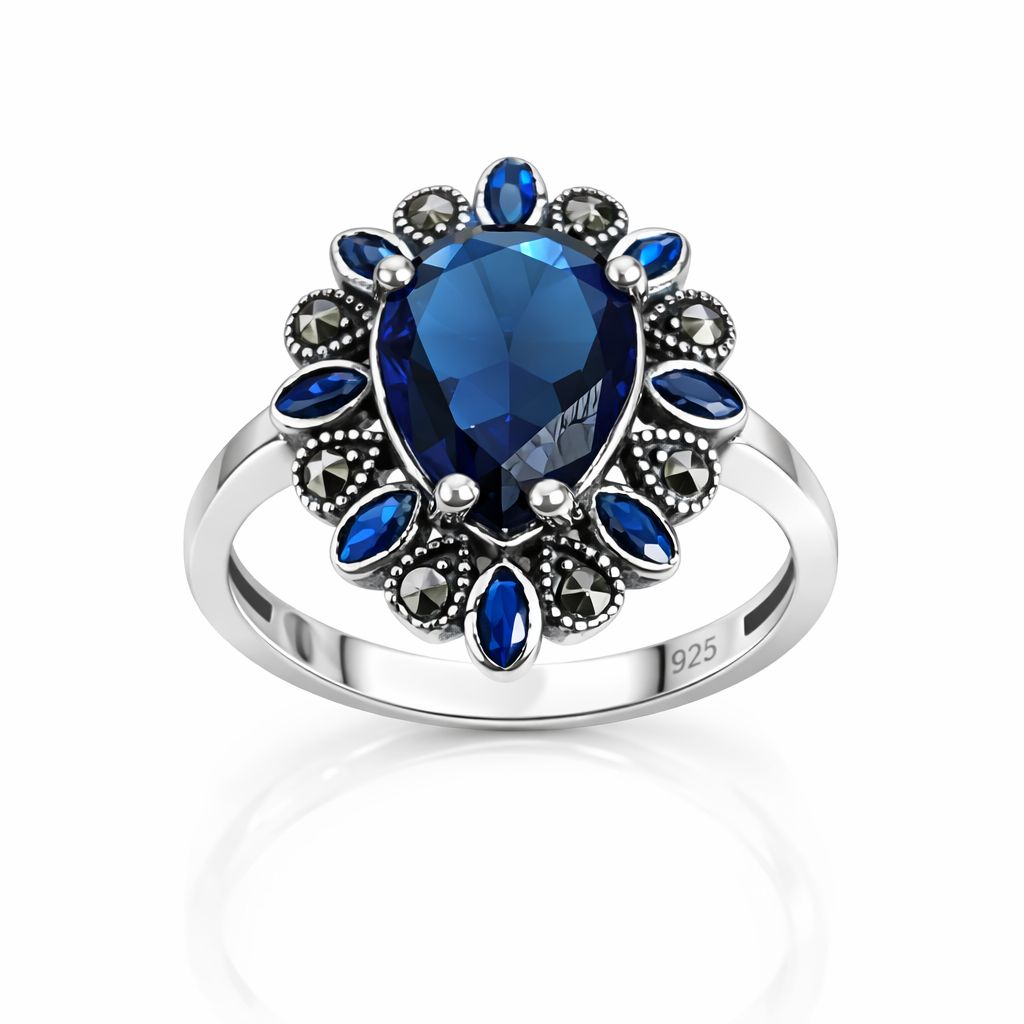 Inel din Argint 925 cu Safir Sintetic Albastru și Marcazite Naturale – Design Elegant Vintage. ID507