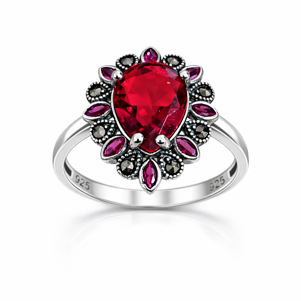 Inel din Argint 925 cu Rubin Sintetic Roșu și Marcazite Naturale – Design Elegant Vintage. ID507