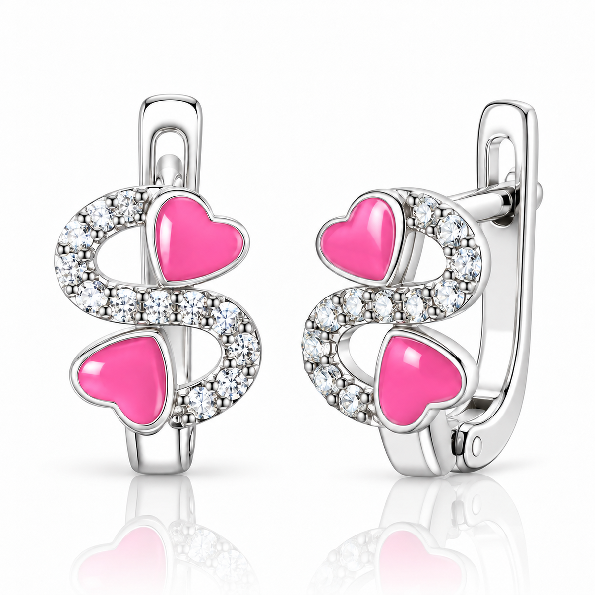 Cercei Fetițe din Argint 925 Pink Infinity Love – Semnul Infinitului cu Inimioare Roz și Pietre Strălucitoare. CD678