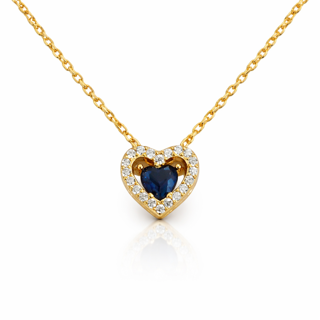 Colier Inimă Argint 925 Placat cu Aur cu Piatră Albastră și Zirconii – Elegant și Delicat, 40+5 cm. C196
