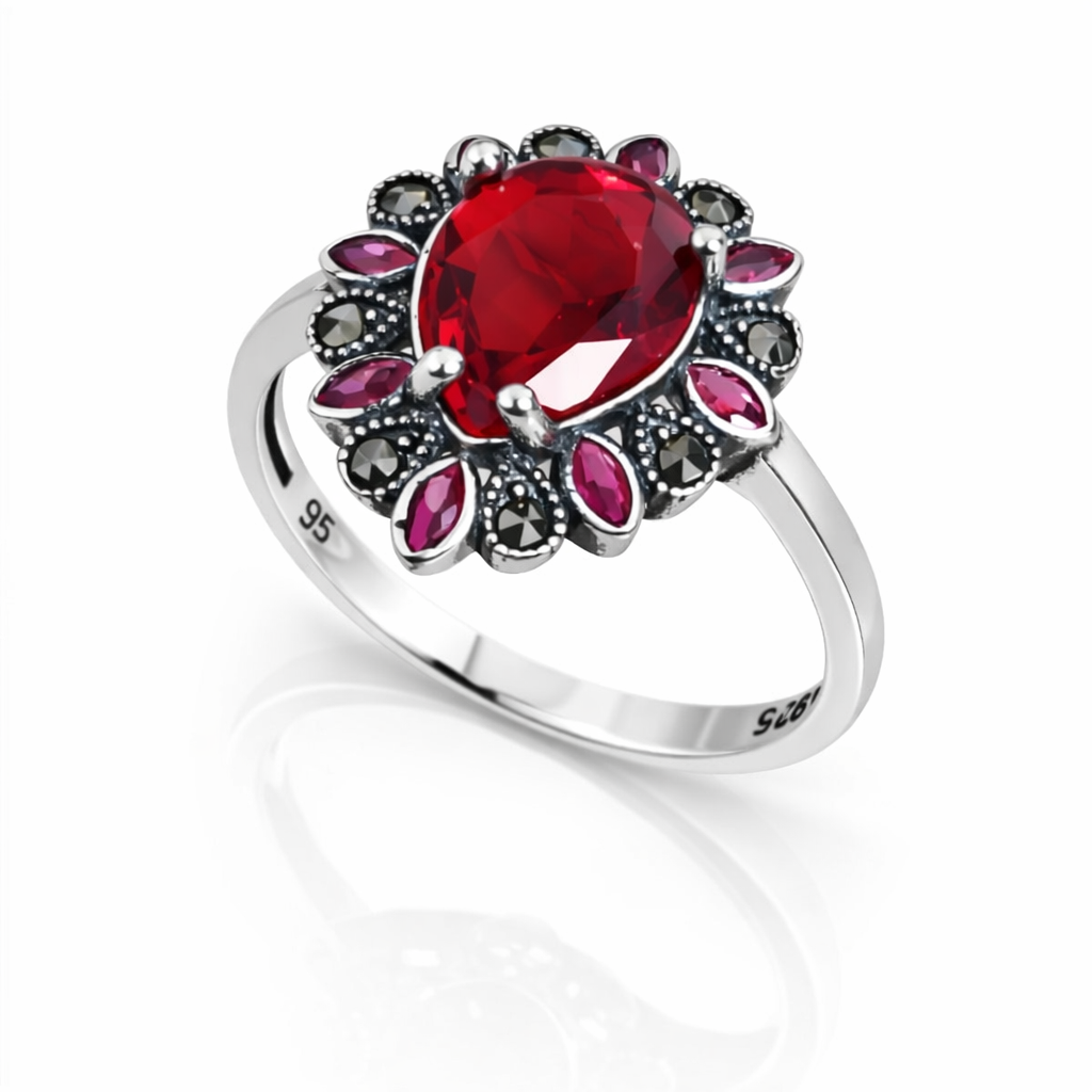 Inel din Argint 925 cu Rubin Sintetic Roșu și Marcazite Naturale – Design Elegant Vintage. ID507