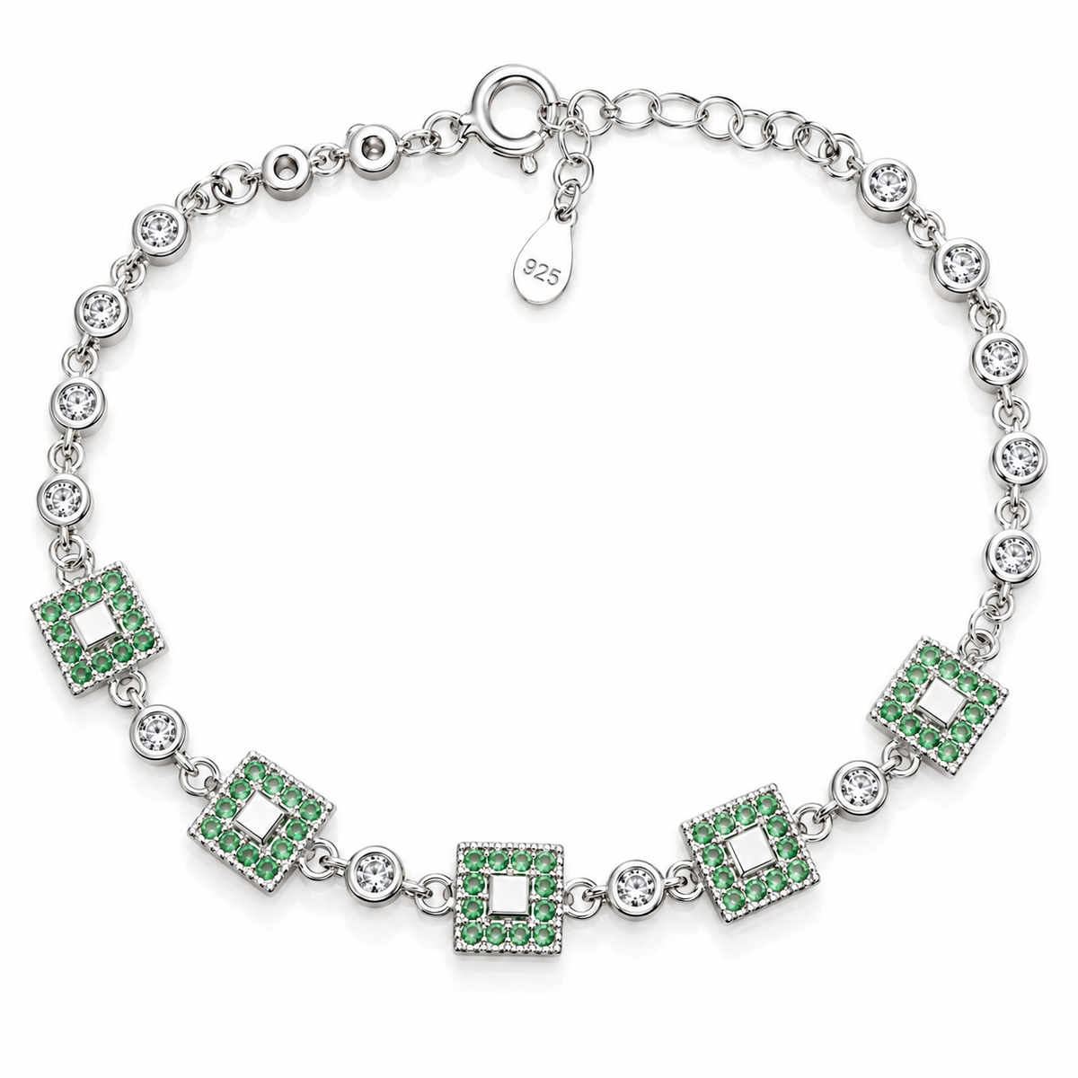 Brățară Daria din Argint 925 cu Zirconii Verzi și Albe, Design Geometric Elegant. BD329