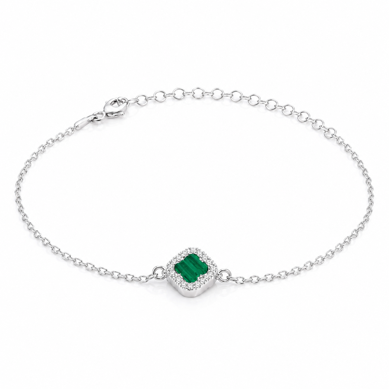 Brățară din Argint 925 Rodiat cu Malachit Verde Natural, Model Clover Luxury Tip Van Cleef, Ajustabilă 18+4 cm. BD320