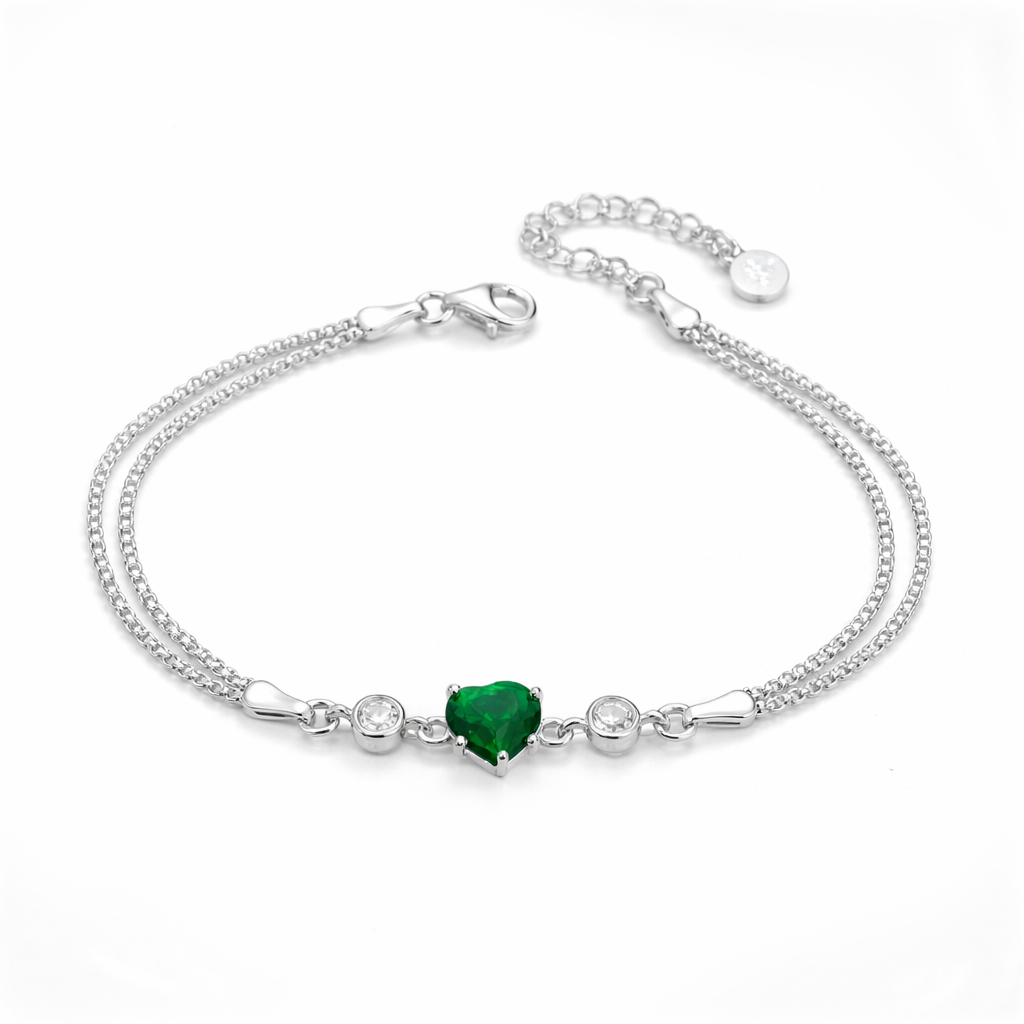 Brățară din Argint 925 cu Inimă Verde 8 mm și Zirconii – Reglabilă 17+3 cm, Model Elegant cu Lanț Dublu. BD412