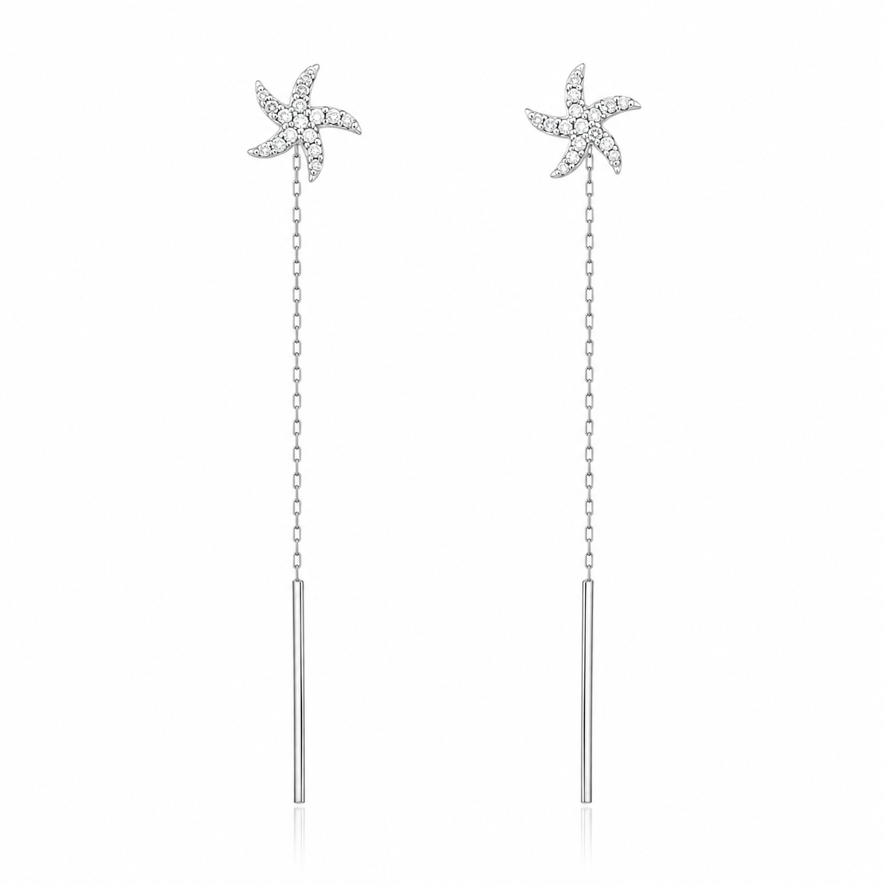 Cercei din Argint 925 Rodiat „Marina Stellare” – Cercei Lungi cu Steluță de Mare și Zirconii, 7 cm. CD618