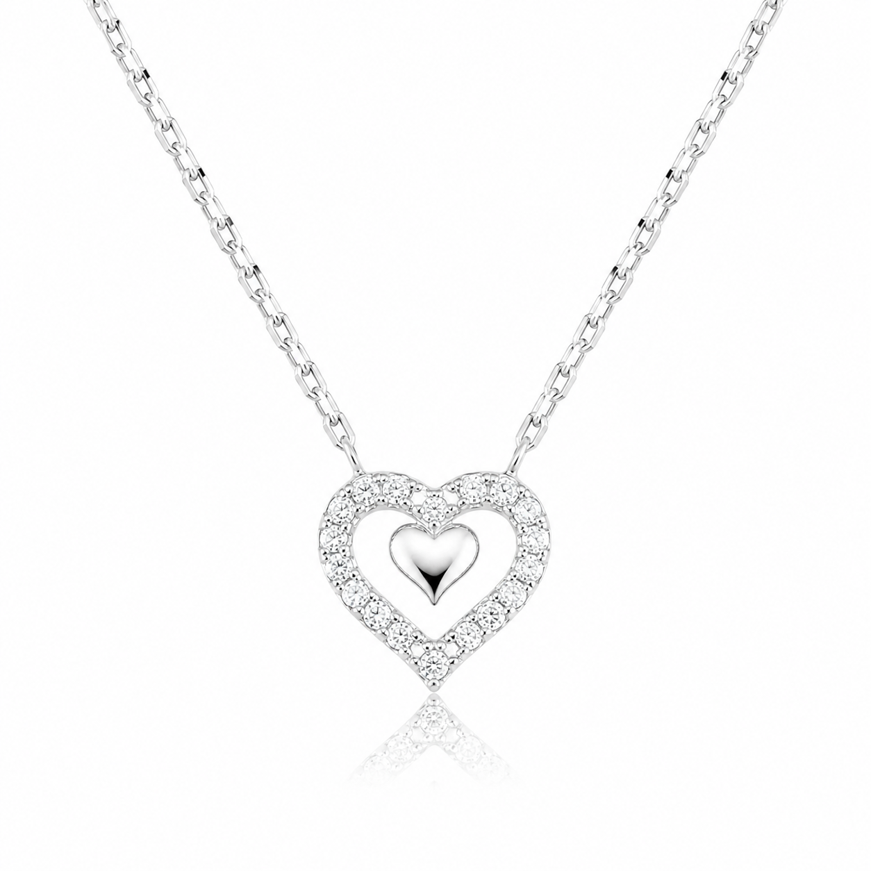 Colier din Argint 925 cu Pandantiv Inimă Dublă și Zirconii – Elegant, Delicat, Reglabil 40+5 cm. C238