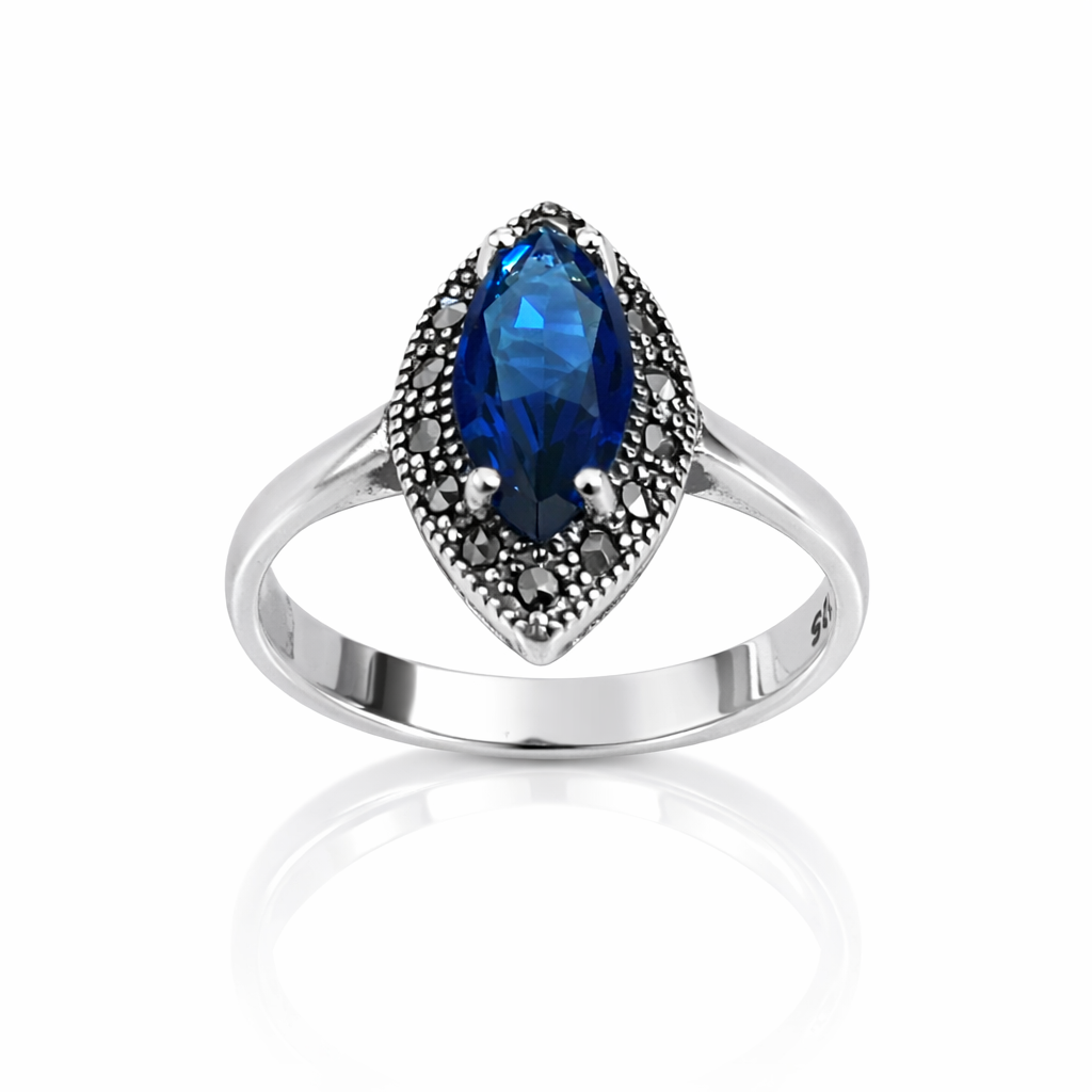 Inel din Argint 925 „Nocturna Regală” cu Marcasite și Piatra Albastră Marquise. ID504
