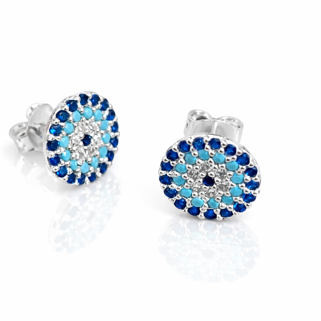 Cercei Argint 925 „Ochi Protector” cu Zirconii Albastre – 10 mm, Design Elegant, Prindere Șurub. CD213