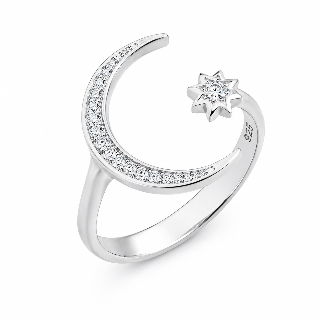 Inel Reglabil din Argint 925 Rodiat „Luna și Steaua” cu Zirconii – Aspect Aur Alb, Design Celest Elegant. ID523