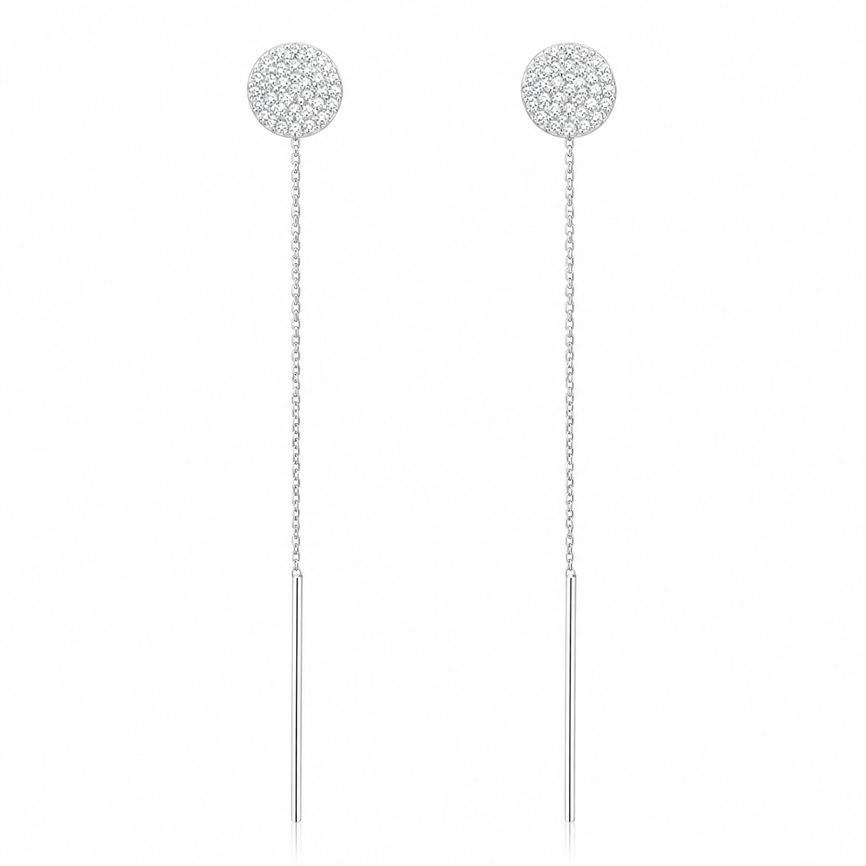 Cercei cu Lanț din Argint 925 și Bănuț Pavé 9 mm – Lungime 8 cm, Eleganță Minimalistă pentru Femei. CD296