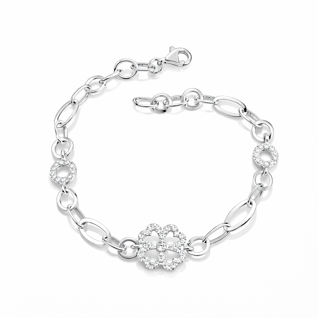 Brățară din Argint 925 „Trifoi Regal” – Eleganță Norocoasă cu Accente Strălucitoare. BD386