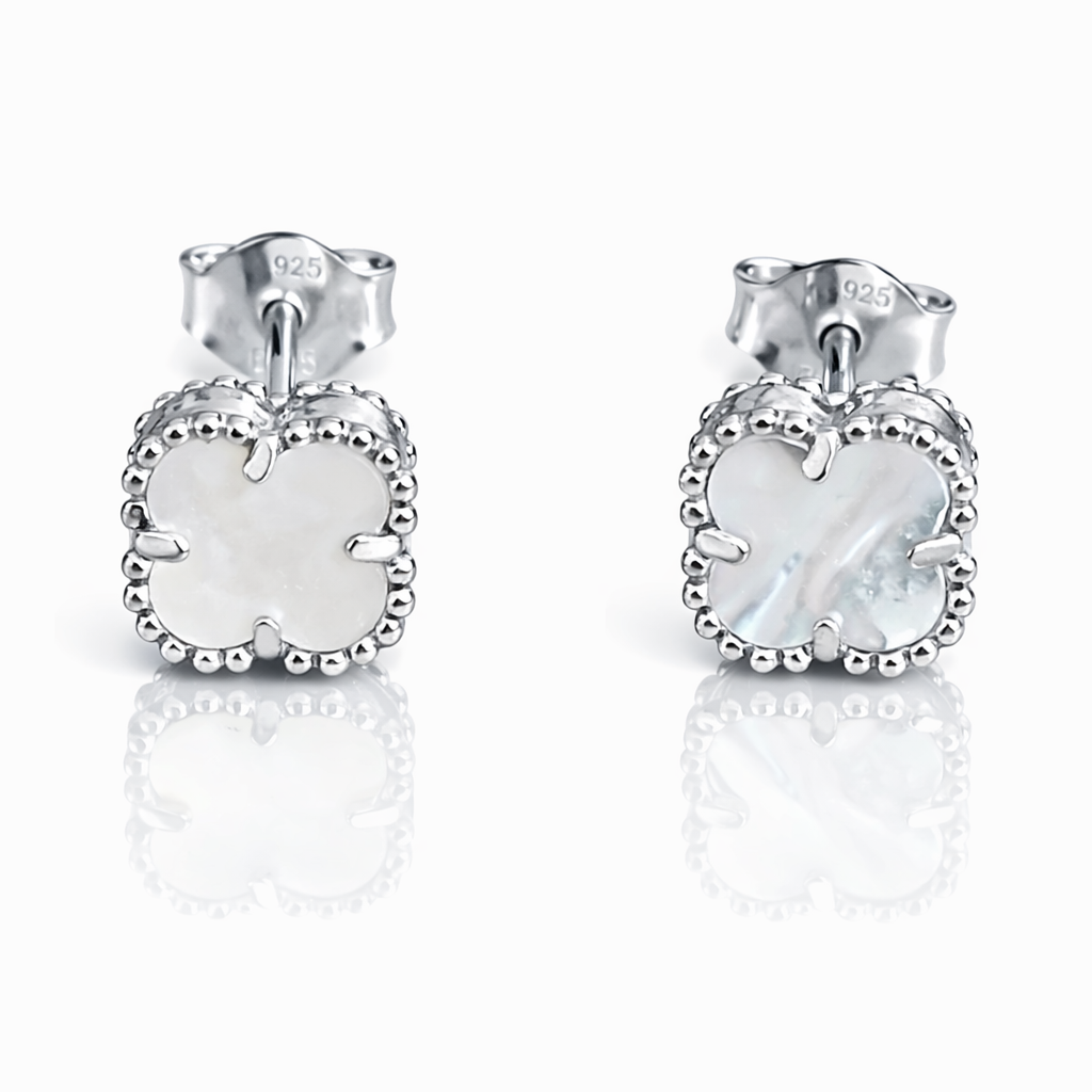 Cercei Argint 925 Rodiat cu Sidef Alb 8 mm – Trifoi Elegant Simbol Noroc | Cadou Premium Femei – InfinityBijoux.ro. CD376