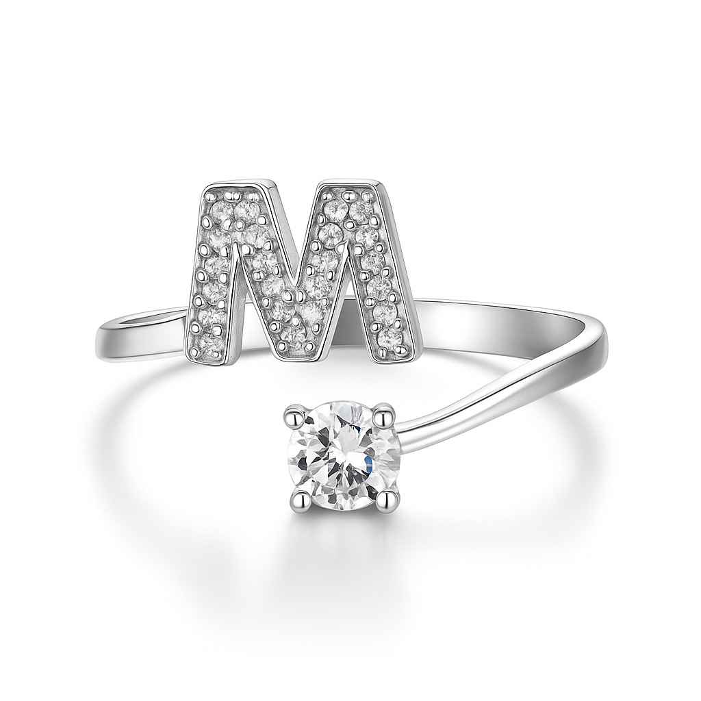 Inel reglabil din argint cu inițială – bijuterie elegantă personalizată din argint 925, mărime universală, cutie cadou inclusă. ID10