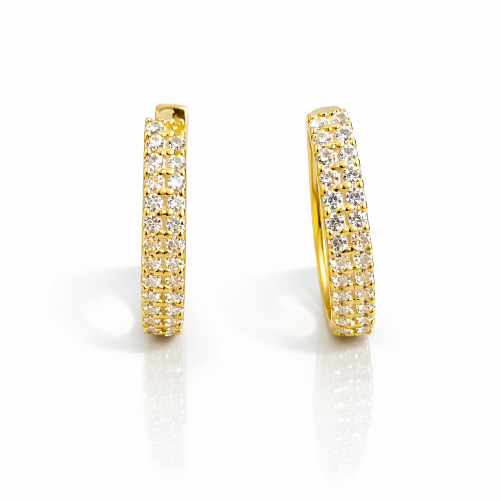 Cercei Rotunzi Huggie din Argint 925 Placat cu Aur 14K cu Zirconii Strălucitoare – Diametru 14 mm, Cercei Eleganți Damă. CD537