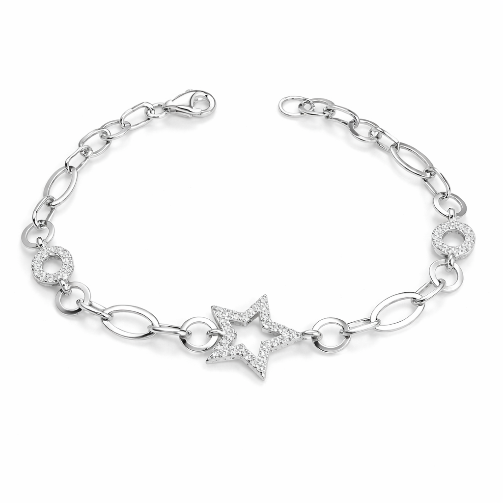 Bratara din Argint 925 cu Stea 1.5 cm si Zirconii – Lant Modern 18 cm, 4.55 g. BD384