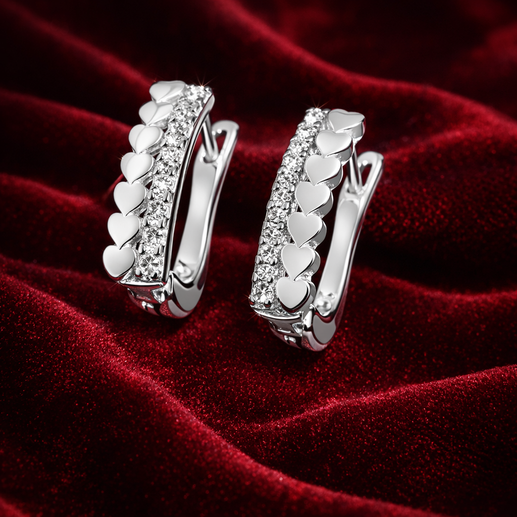 Cercei din Argint 925 cu Inimi Delicate și Zirconii Strălucitoare, 14 mm – Eleganță Romantică și Finisaj Premium. CD526