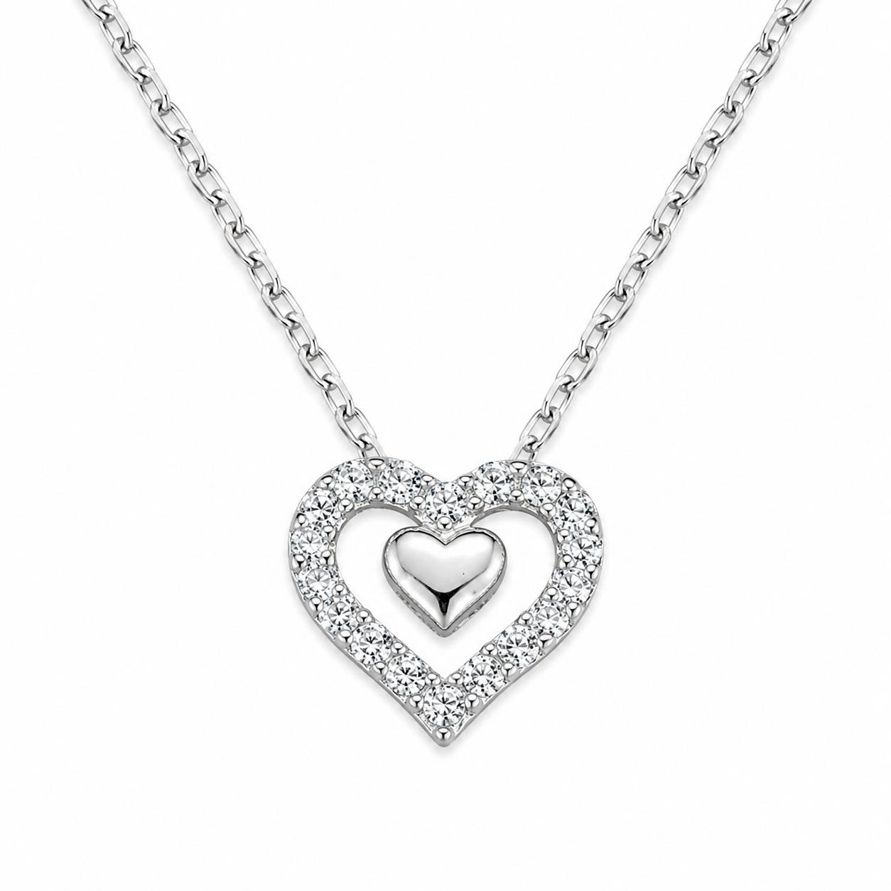 Colier din Argint 925 cu Pandantiv Inimă Dublă cu Zirconii – Elegant și Delicat, Lungime Ajustabilă 41+5 cm | Cadou Romantic pentru Femei. C228