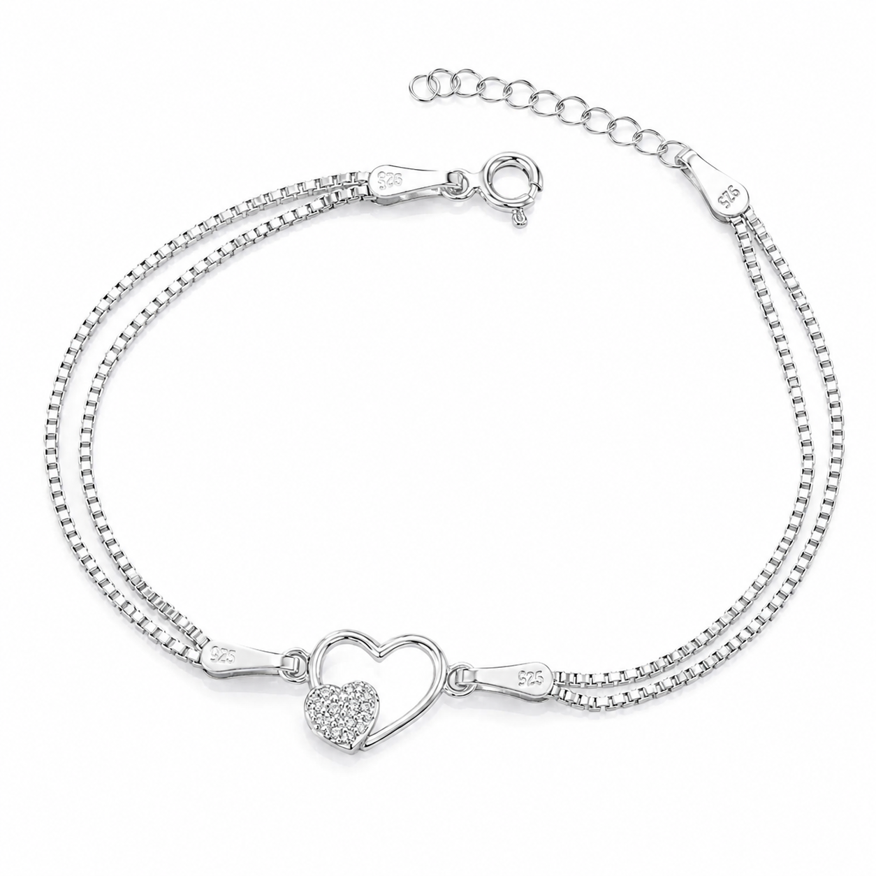 Brățară din Argint 925 „Inima Eternă” – Inimă Dublă cu Zirconii, Reglabilă 16+3 cm. BD445