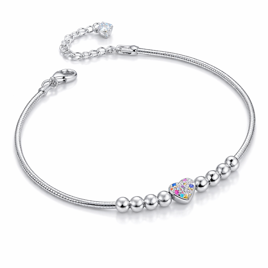 Brățară din Argint 925 cu Charm Inimioară Multicolor, Biluțe 4 mm, Lungime Ajustabilă 18+4 cm. BD411