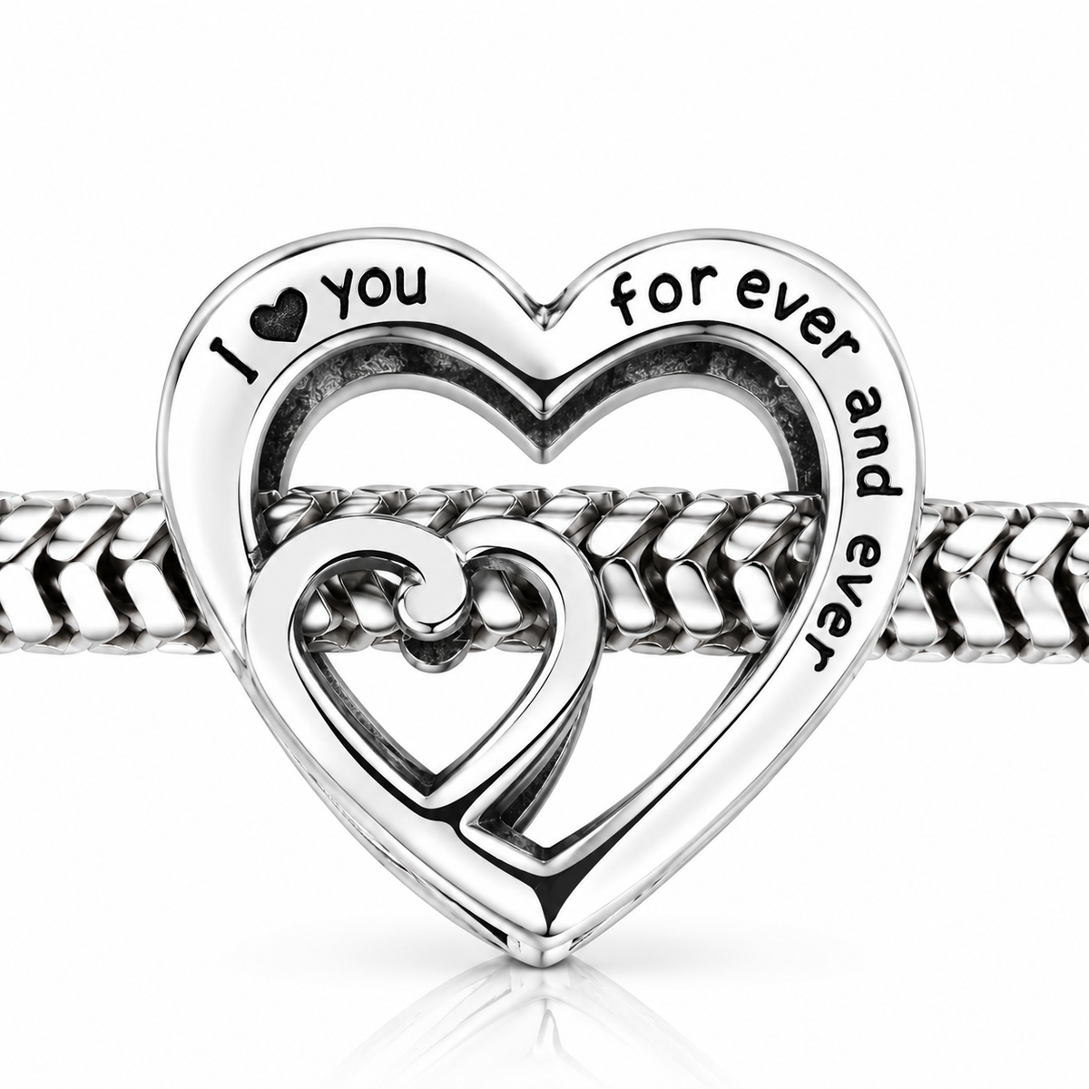Charm Inimă Dublă „I ♥ You Forever and Ever” din Argint 925 – Simbolul Iubirii Eterne, Compatibil Pandora. T245